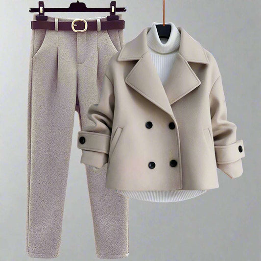 Women's Casual Woolen Coat, Sweater and Pants Three Piece Outfit Set - ChoreGirl