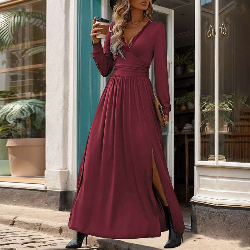 Women's Deep V-Neck Slit Slim-fitting Elegant Dress - ChoreGirl