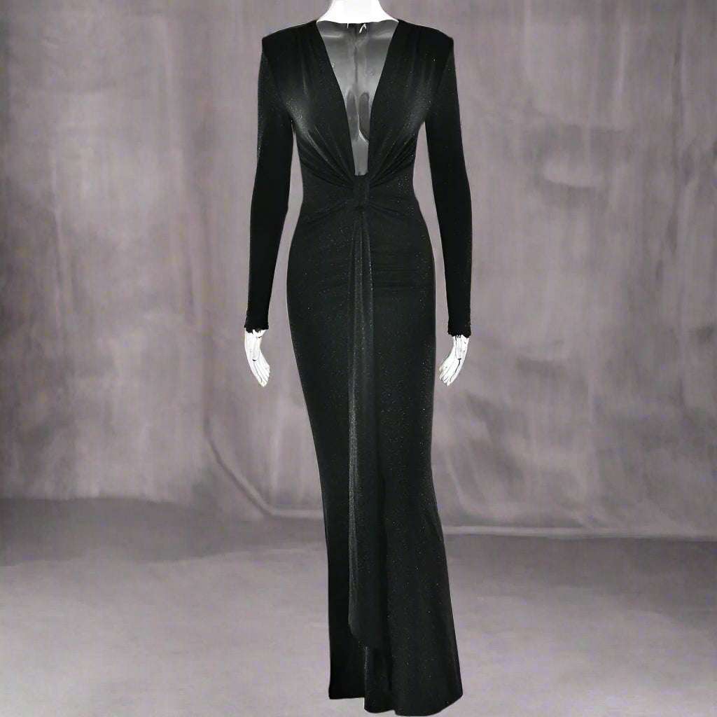 Women's Deep V-neck Silhouette Slim Fit Event Gown with Slit - ChoreGirl