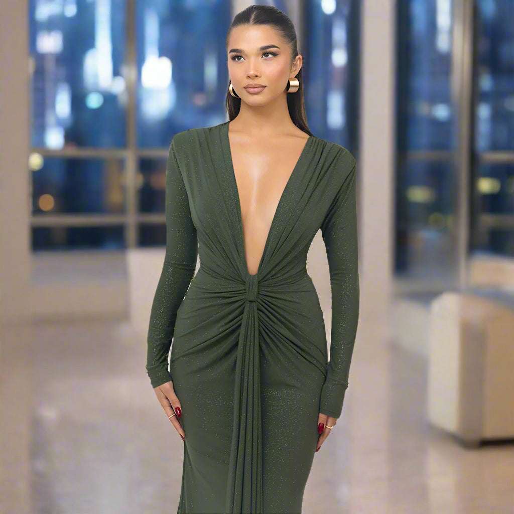 Women's Deep V-neck Silhouette Slim Fit Event Gown with Slit - ChoreGirl
