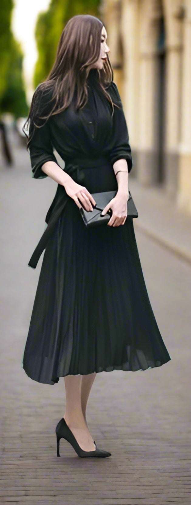 Women's Elegant Chiffon Long Sleeve Pleated Dress - ChoreGirl