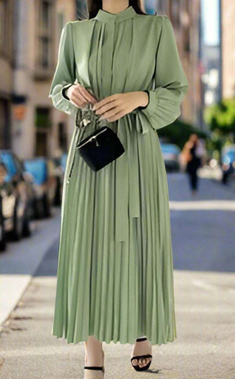 Women's Elegant Chiffon Long Sleeve Pleated Dress - ChoreGirl