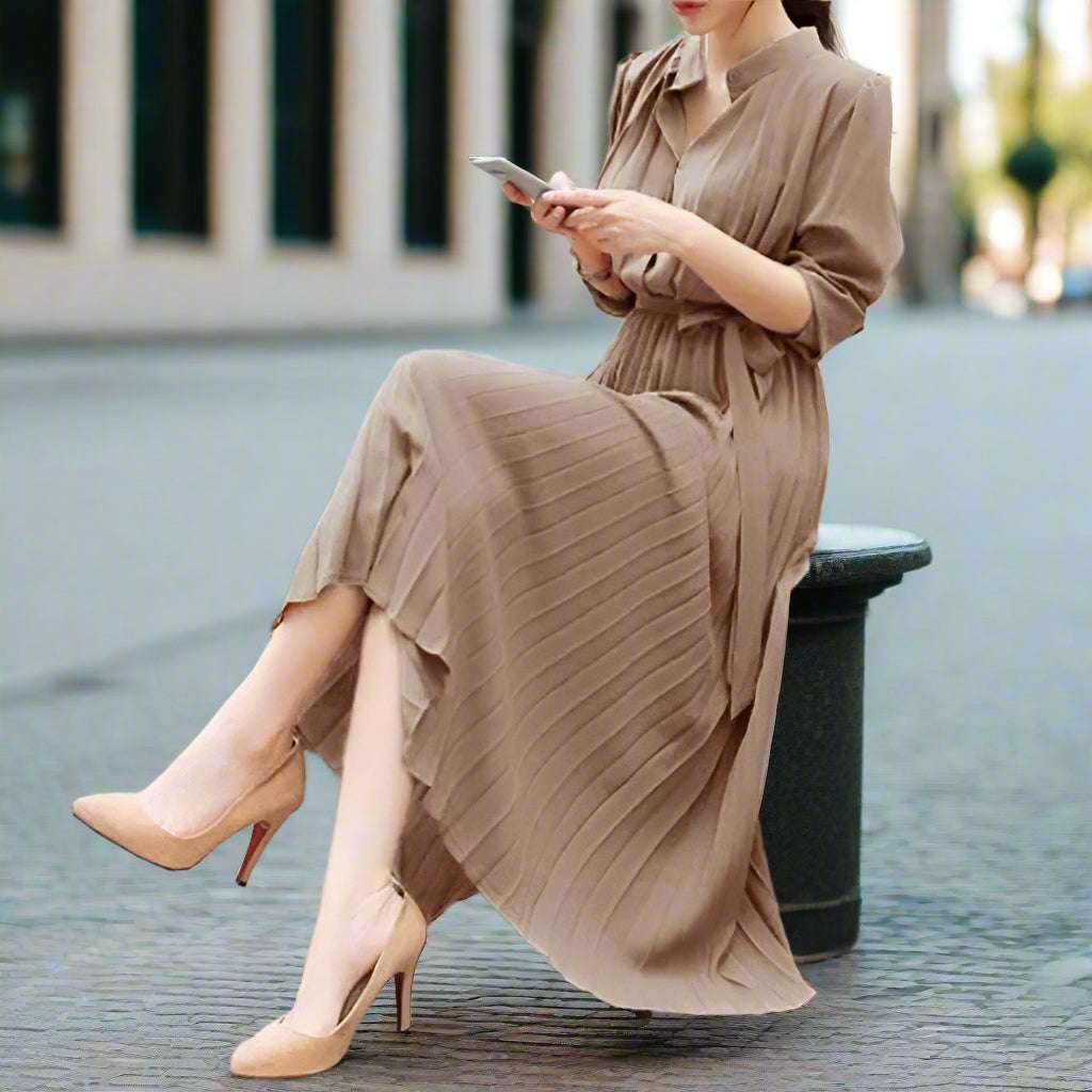 Women's Elegant Chiffon Long Sleeve Pleated Dress - ChoreGirl