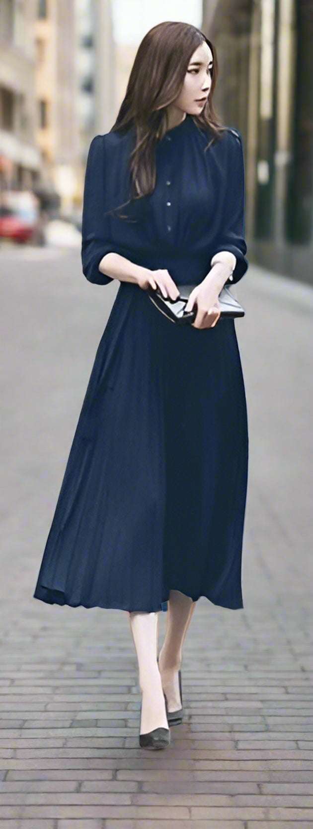 Women's Elegant Chiffon Long Sleeve Pleated Dress - ChoreGirl