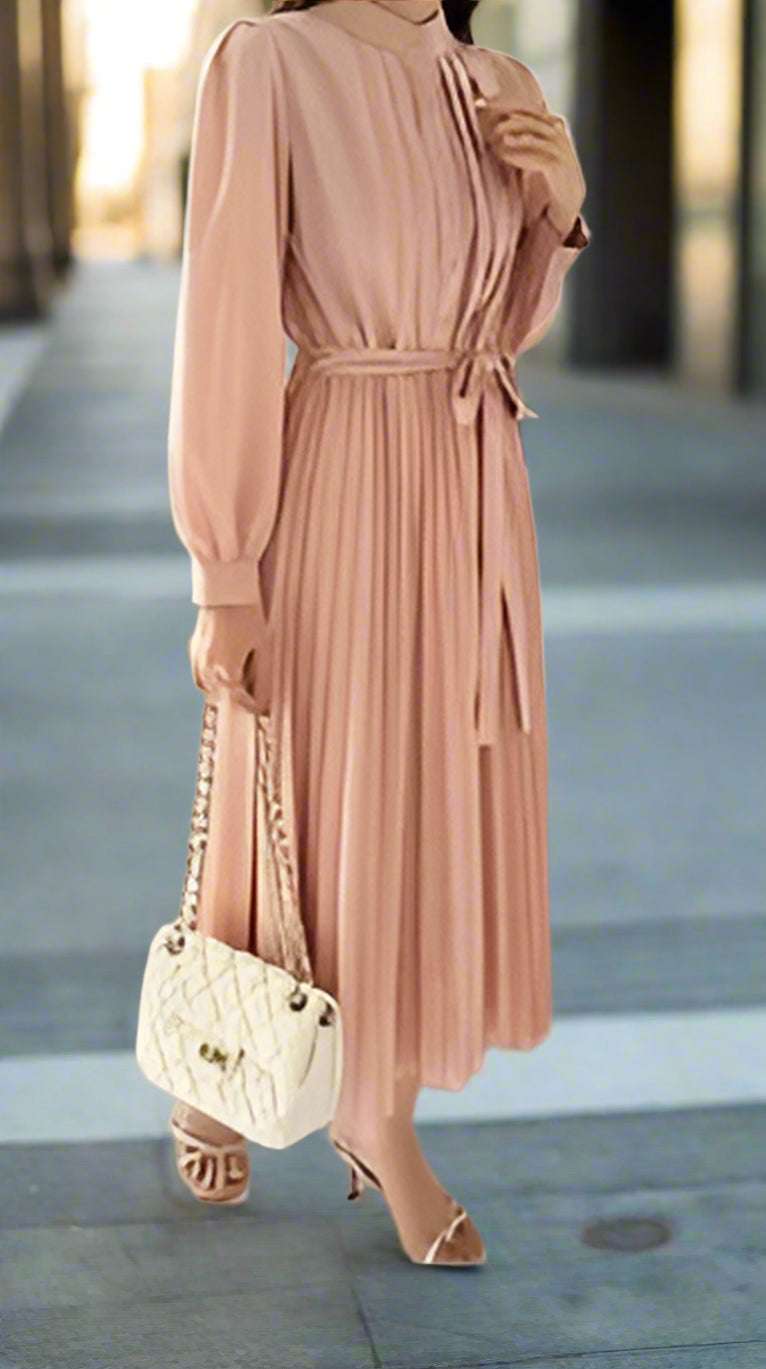Women's Elegant Chiffon Long Sleeve Pleated Dress - ChoreGirl