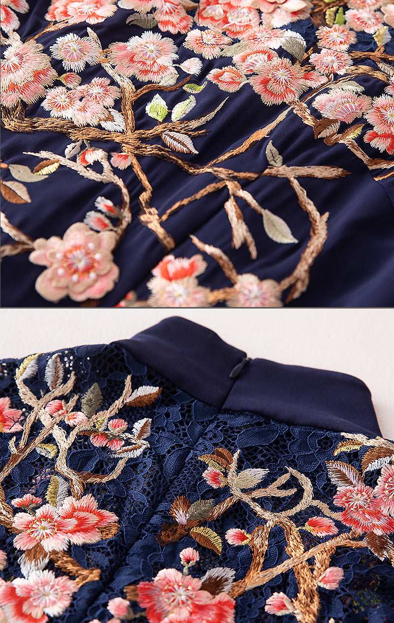 Women's Elegant Embroidered Flower Midi Dress - ChoreGirl