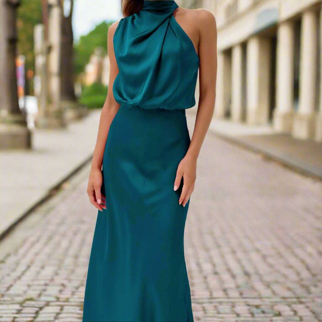 Women's Elegant Satin Sleeveless Halter Neck Midi Dress - ChoreGirl