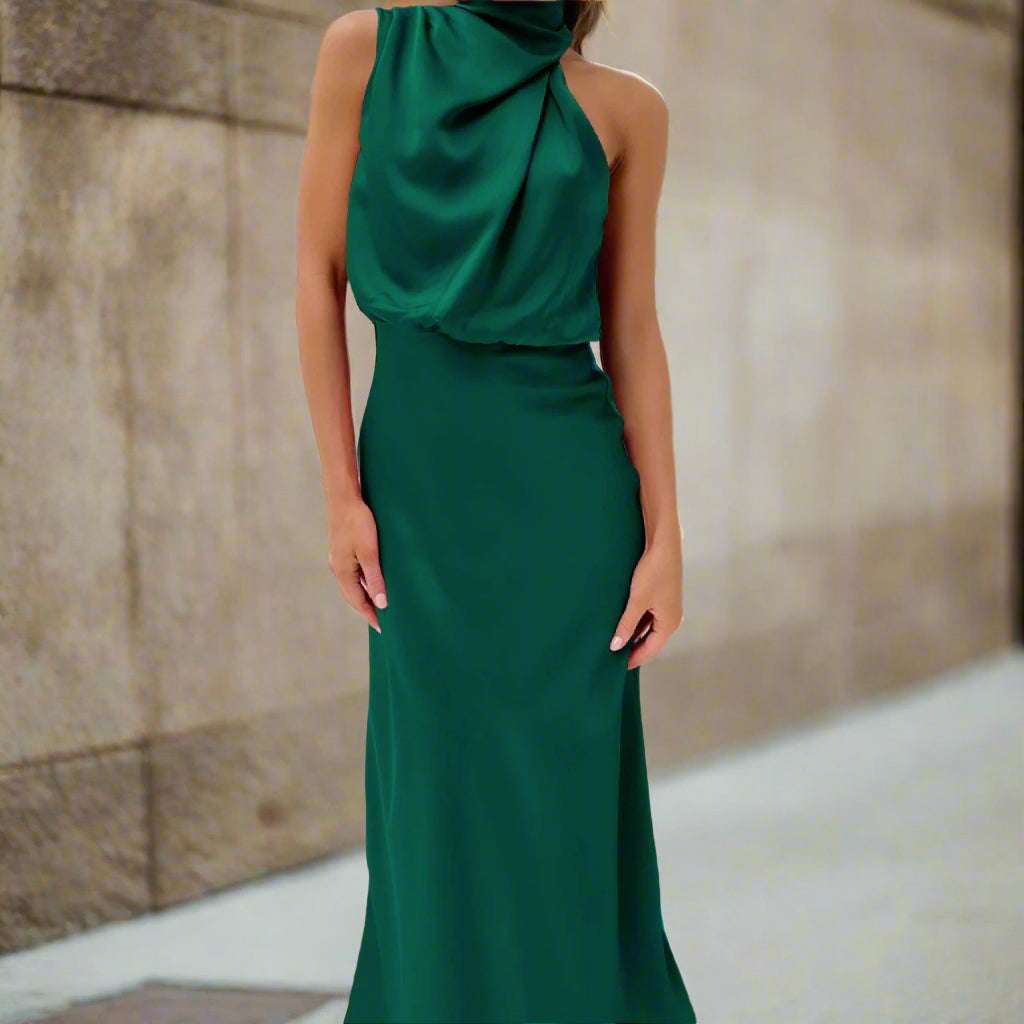 Women's Elegant Satin Sleeveless Halter Neck Midi Dress - ChoreGirl