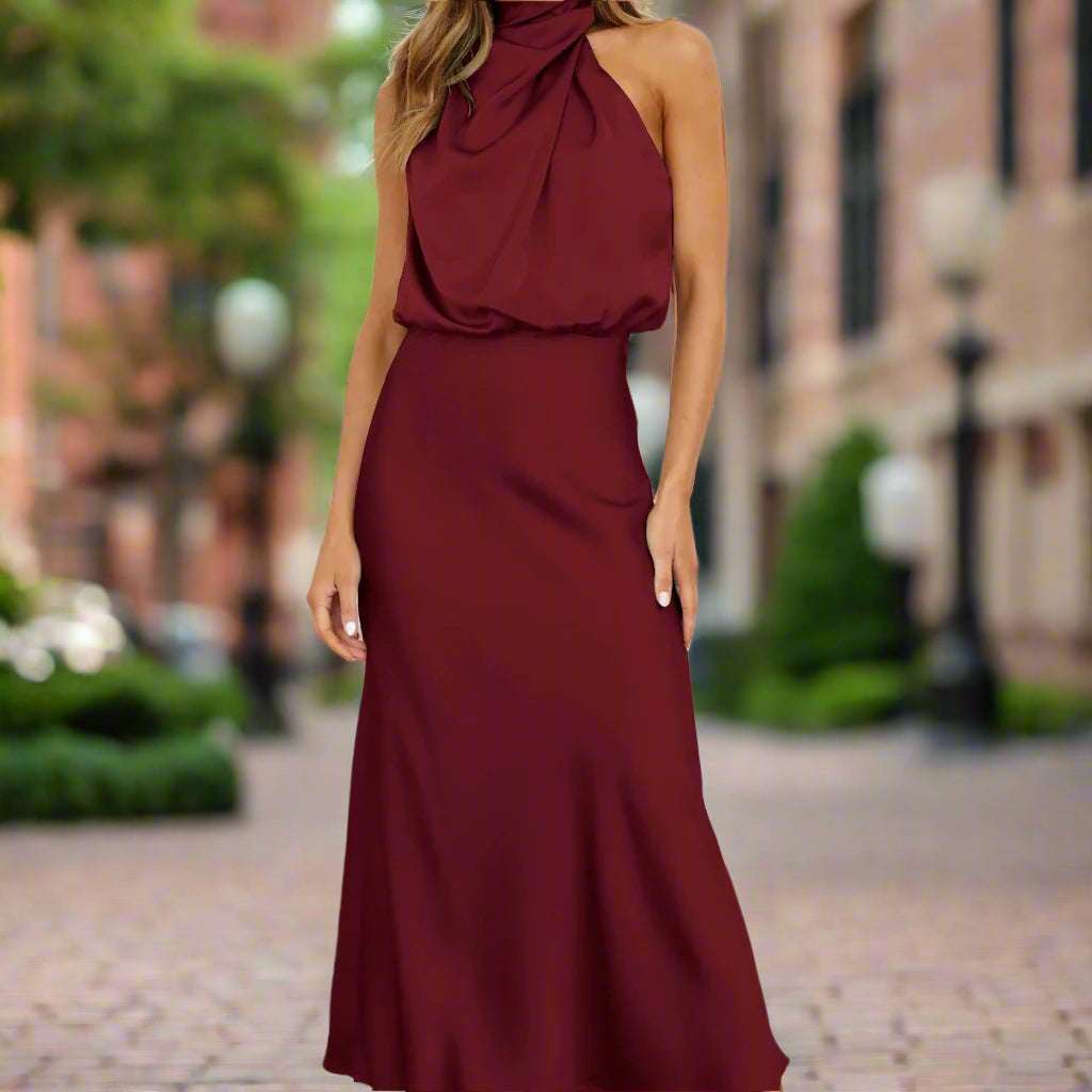 Women's Elegant Satin Sleeveless Halter Neck Midi Dress - ChoreGirl