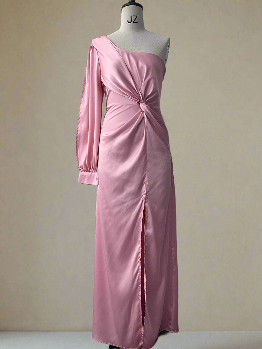 Women's Elegant Satin Slim One-shoulder Long Sleeved Split Maxi Dress - ChoreGirl