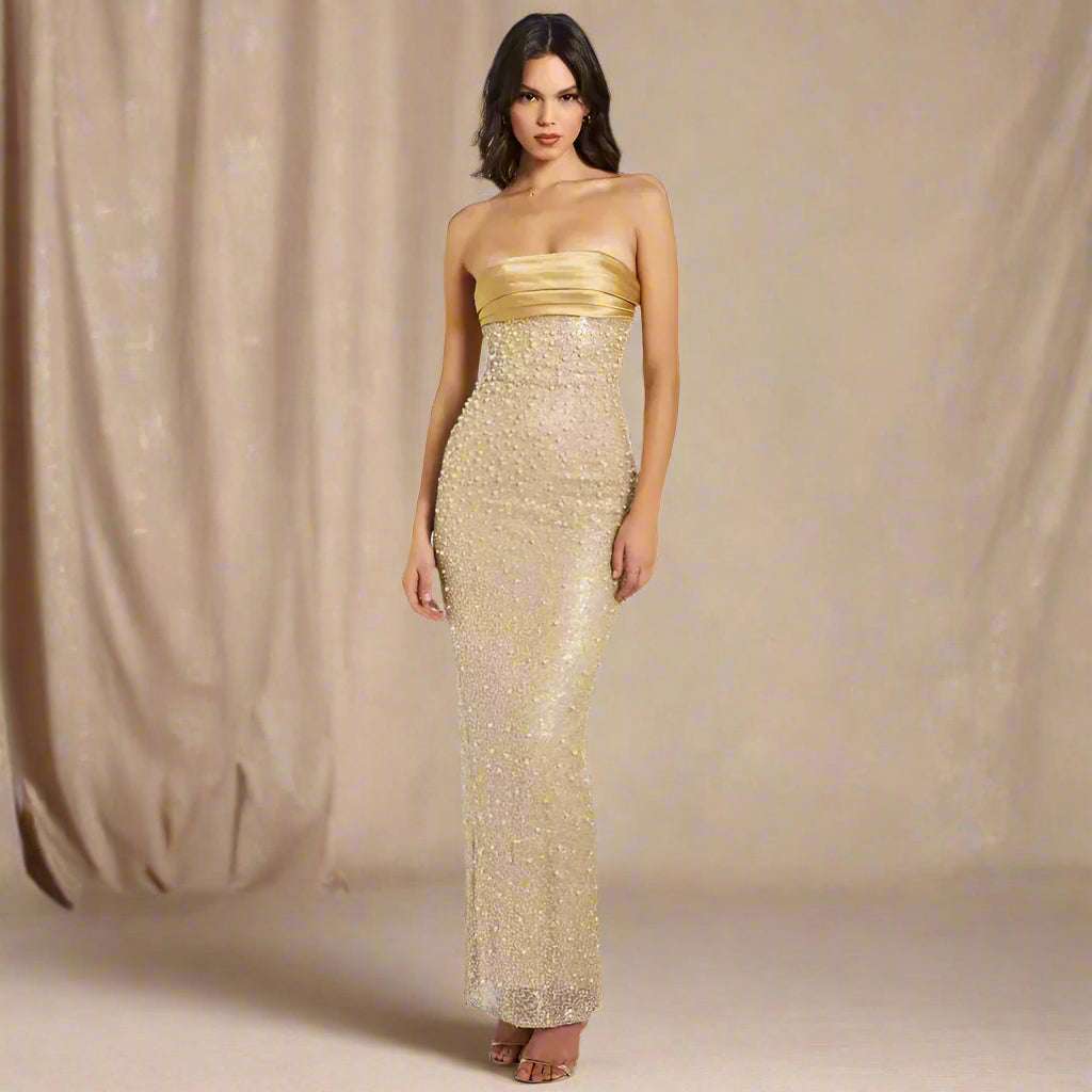 Women's Elegant Sequins and Beads Light Luxury Sleeveless Tube Dress with Slit - ChoreGirl