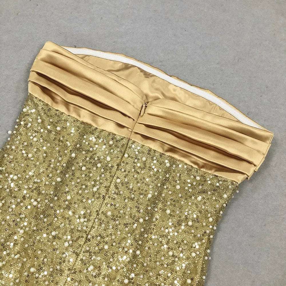 Women's Elegant Sequins and Beads Light Luxury Sleeveless Tube Dress with Slit - ChoreGirl