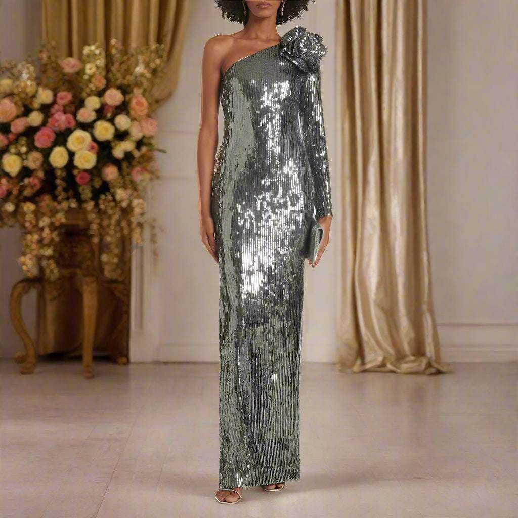 Women's Floral Asymmetrical Silver Sequin Gown - ChoreGirl