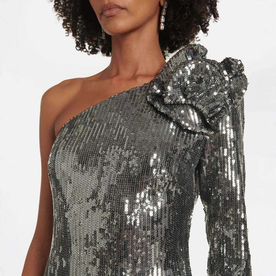 Women's Floral Asymmetrical Silver Sequin Gown - ChoreGirl