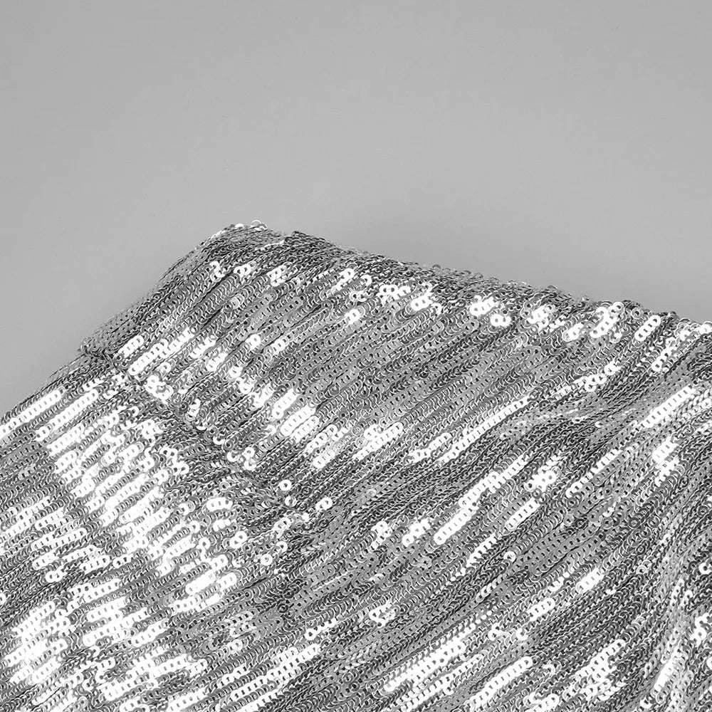 Women's Floral Asymmetrical Silver Sequin Gown - ChoreGirl