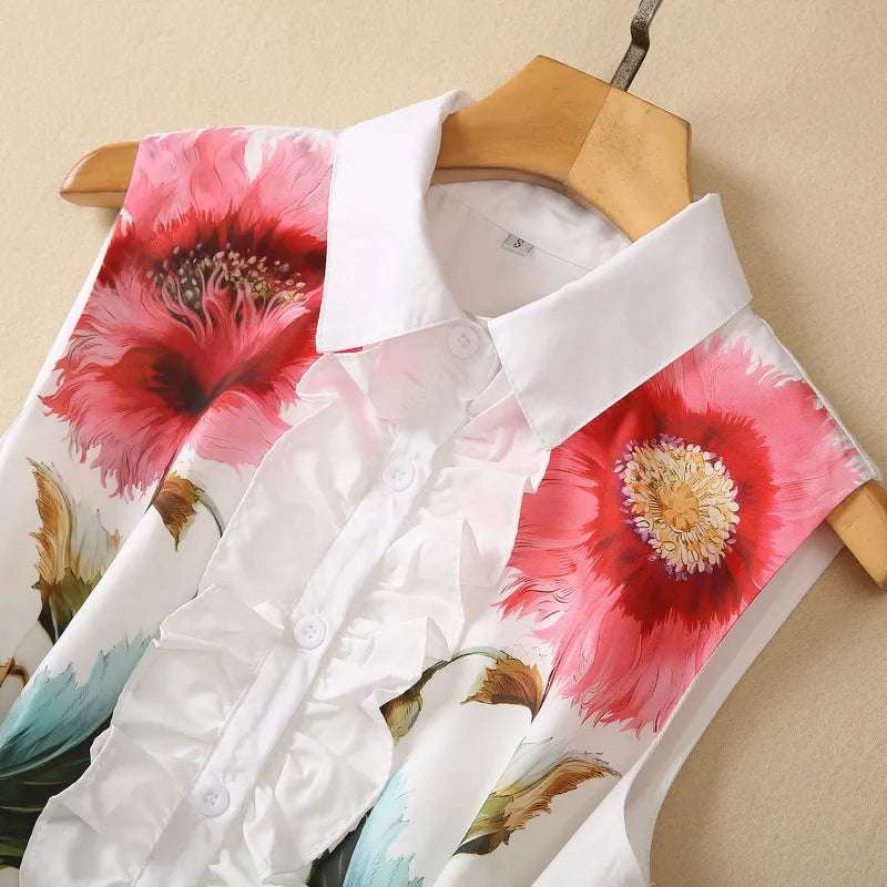 Women's Flower Print Lapel Collar Sleeveless Dress with Pockets - ChoreGirl