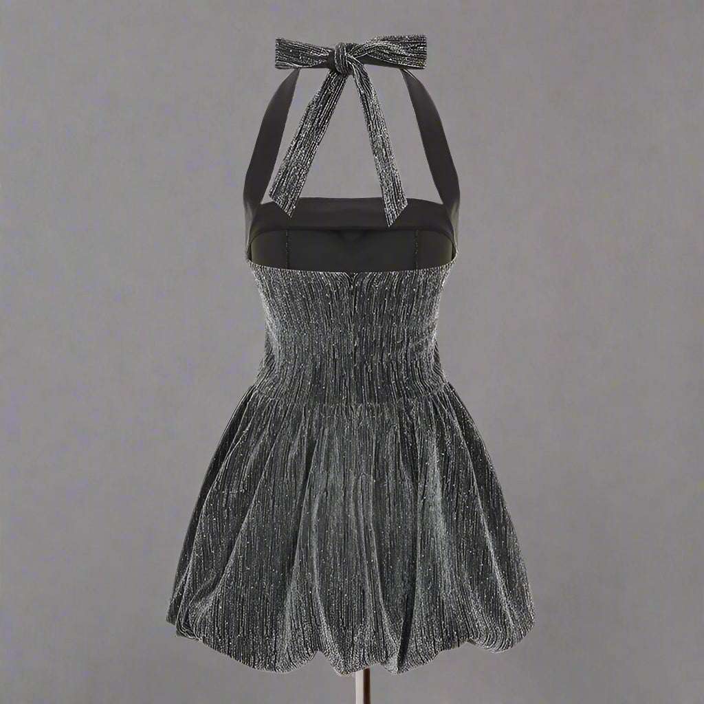 Women's Grey Glittering Crystal Embellished Bubble Hem Halter Cinched Waist A-Line Mini Dress - ChoreGirl