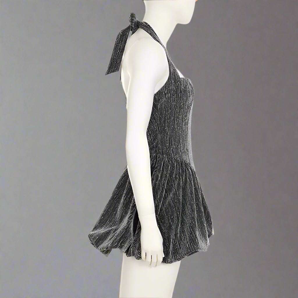 Women's Grey Glittering Crystal Embellished Bubble Hem Halter Cinched Waist A-Line Mini Dress - ChoreGirl