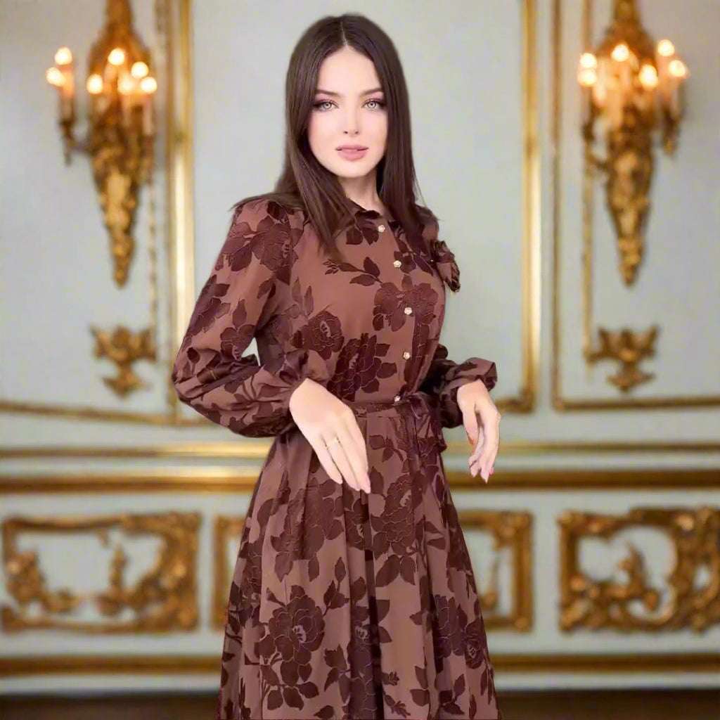 Women's Brown Jacquard Long Sleeve Swing Dress with Belt - ChoreGirl