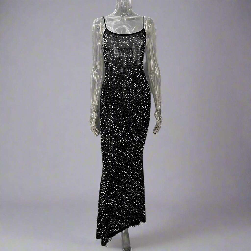 Women's Light See-through Diamond Sling Mermaid Dress with Rhinestone and Lace Detail - ChoreGirl