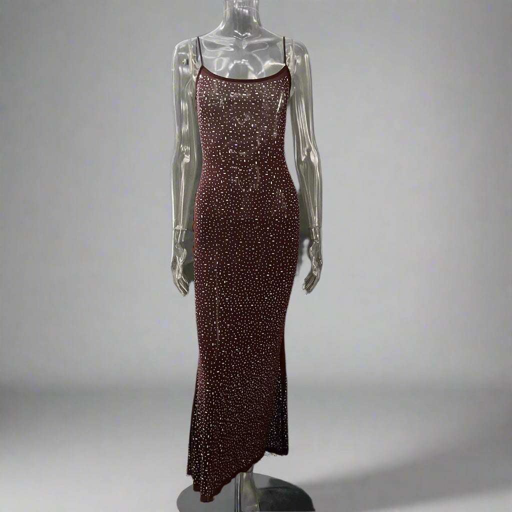Women's Light See-through Diamond Sling Mermaid Dress with Rhinestone and Lace Detail - ChoreGirl