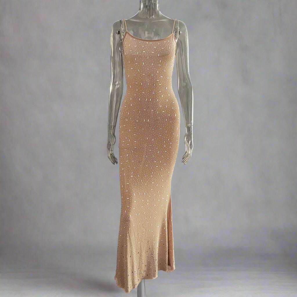 Women's Light See-through Diamond Sling Mermaid Dress with Rhinestone and Lace Detail - ChoreGirl