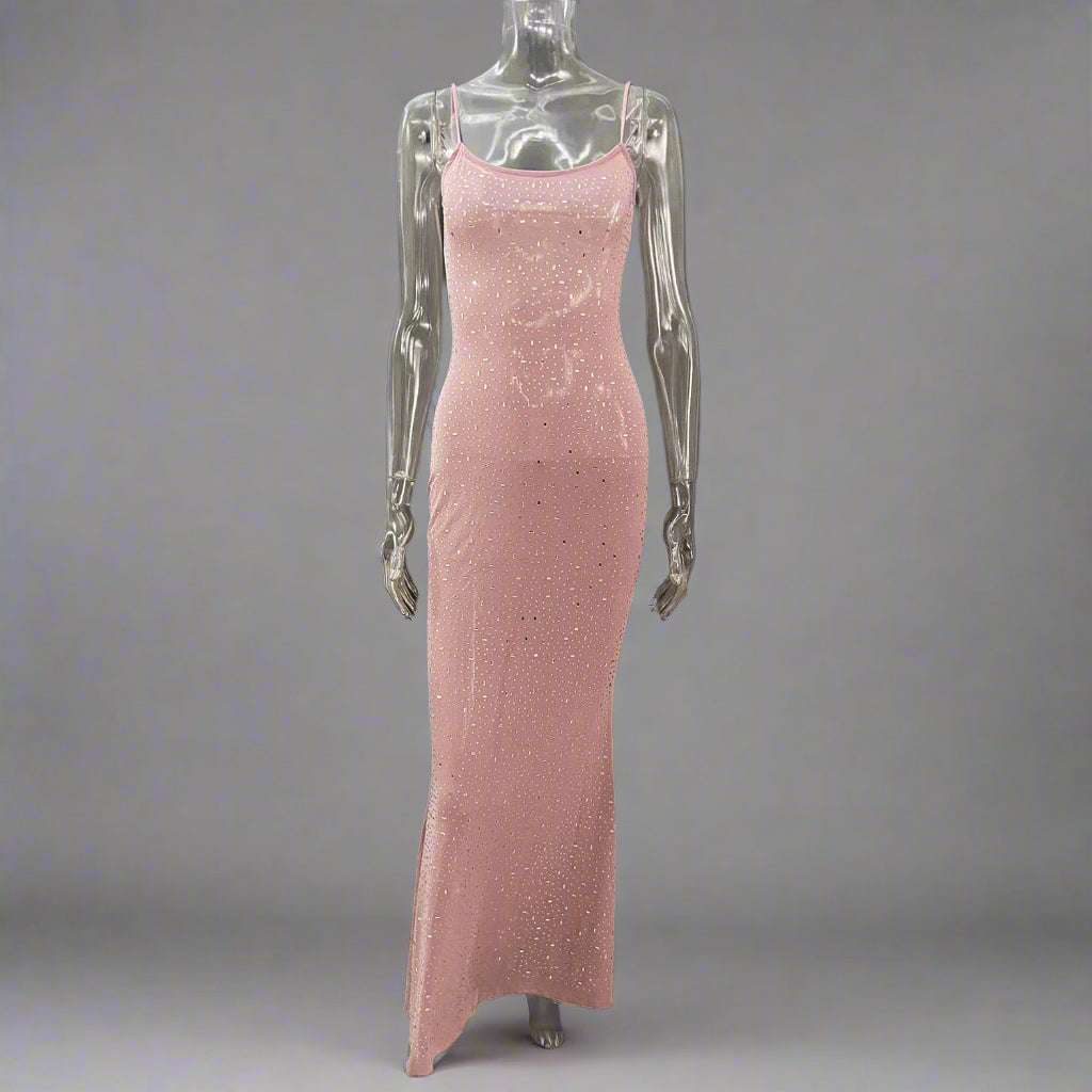 Women's Light See-through Diamond Sling Mermaid Dress with Rhinestone and Lace Detail - ChoreGirl