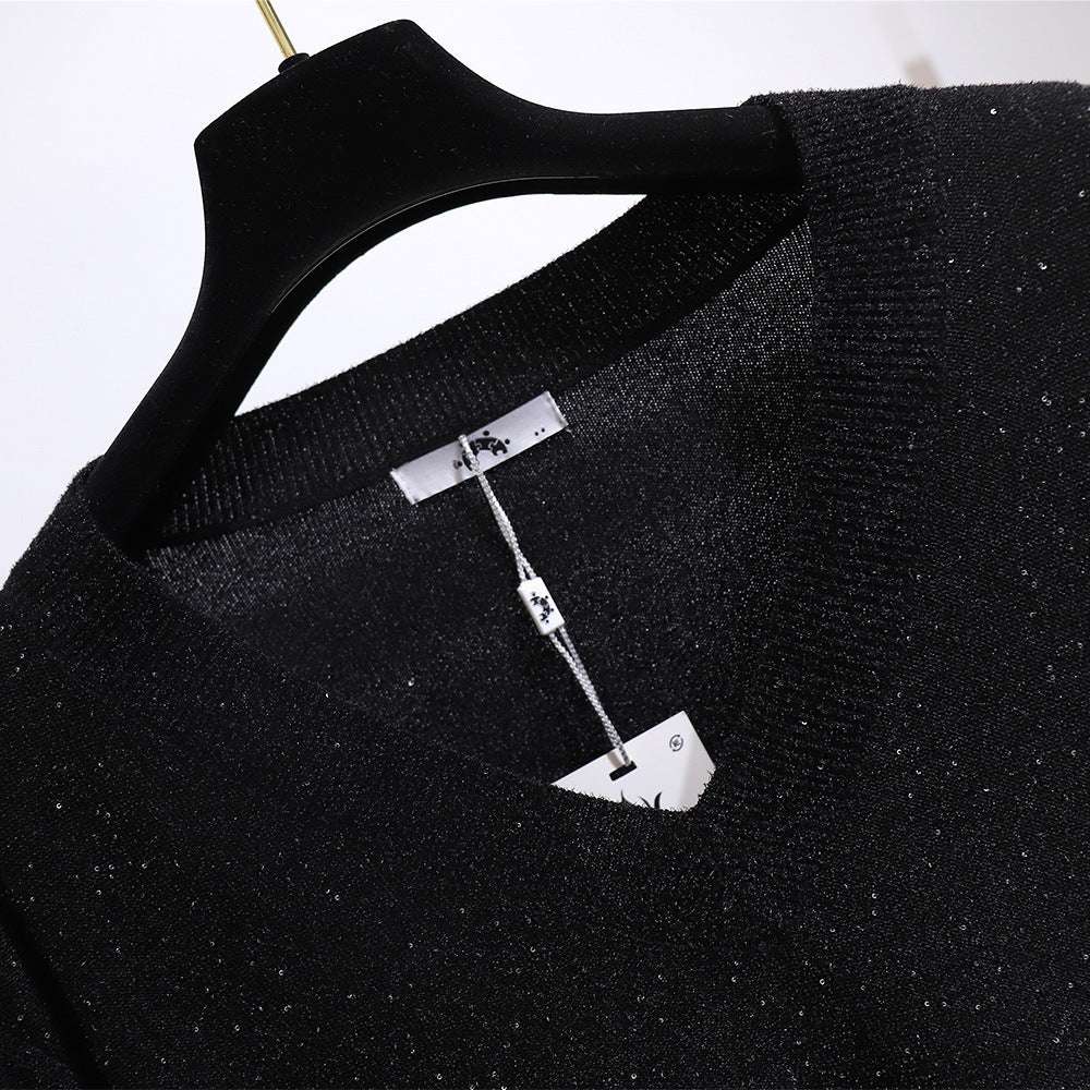 Women's Loose V-neck Sweater and Velvet Skirt Outfit Set Pieces - ChoreGirl