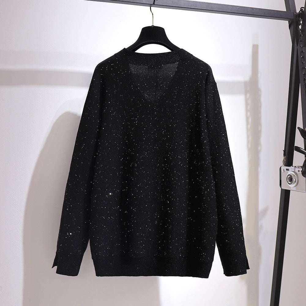 Women's Loose V-neck Sweater and Velvet Skirt Outfit Set Pieces - ChoreGirl