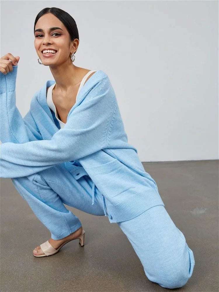 Women's Loose Wool Cardigan and Pants Outfit Set - ChoreGirl