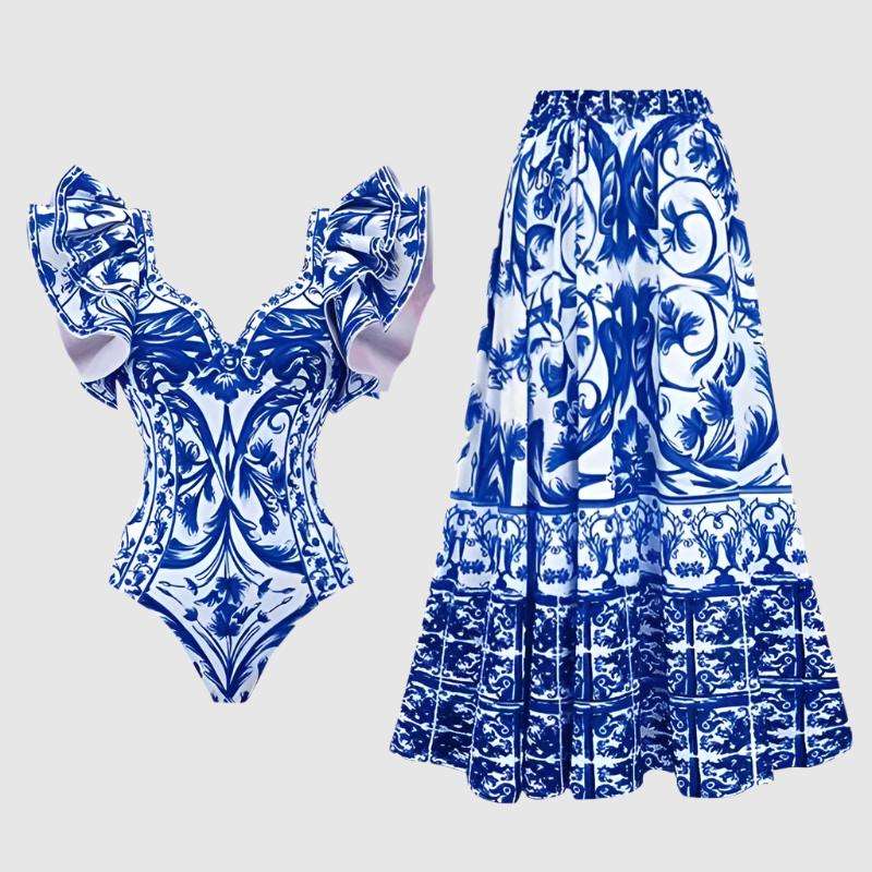 Women's Printed Swimwear One-piece Swimsuit with Cover-Up Long Skirt - ChoreGirl