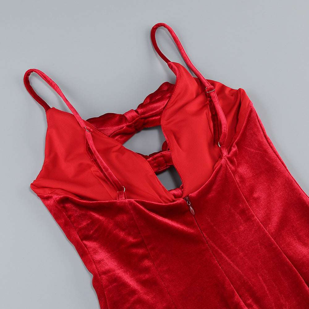 Women's Red Bowknot Velvet Long Tail Dress - ChoreGirl