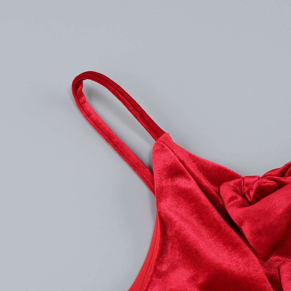 Women's Red Bowknot Velvet Long Tail Dress - ChoreGirl