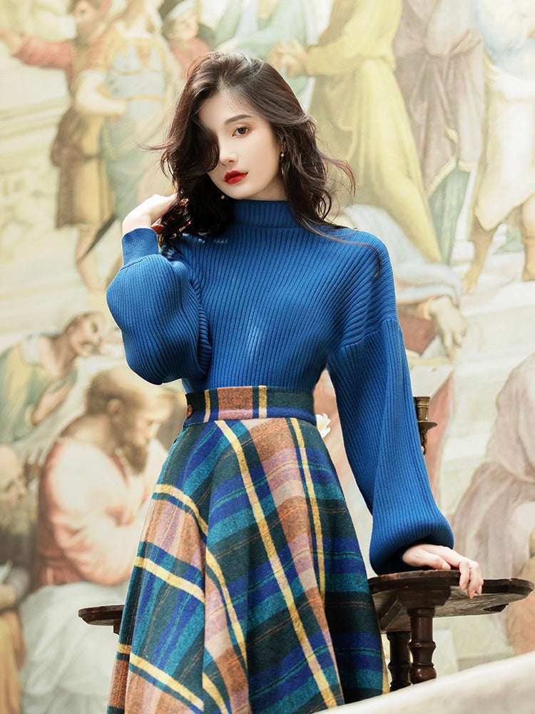 Women's Retro Elegant Blue Turtleneck Knit Sweater and Plaid Swing Skirt Outfit Set - ChoreGirl