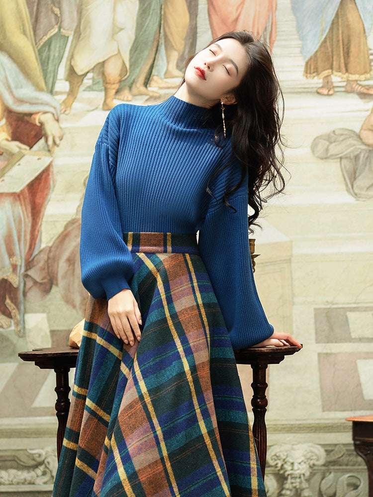 Women's Retro Elegant Blue Turtleneck Knit Sweater and Plaid Swing Skirt Outfit Set - ChoreGirl