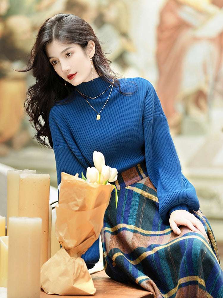 Women's Retro Elegant Blue Turtleneck Knit Sweater and Plaid Swing Skirt Outfit Set - ChoreGirl