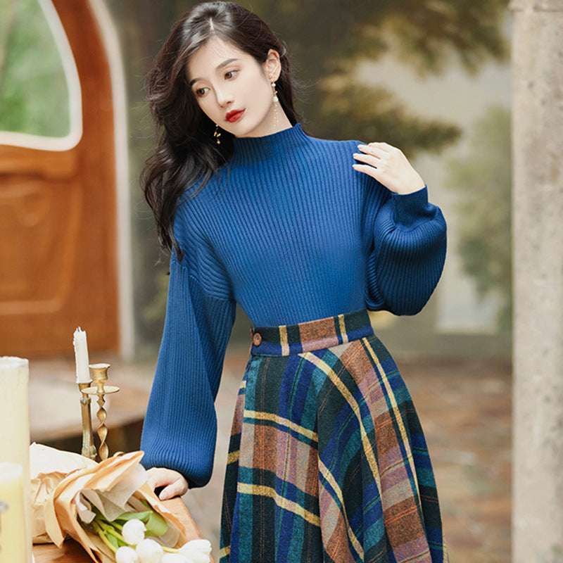 Women's Retro Elegant Blue Turtleneck Knit Sweater and Plaid Swing Skirt Outfit Set - ChoreGirl