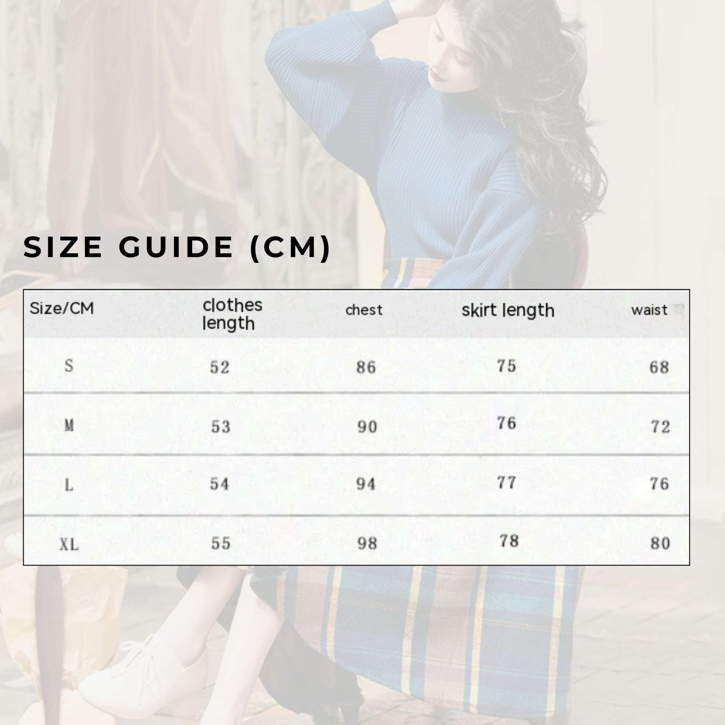 Women's Retro Elegant Blue Turtleneck Knit Sweater and Plaid Swing Skirt Outfit Set - ChoreGirl