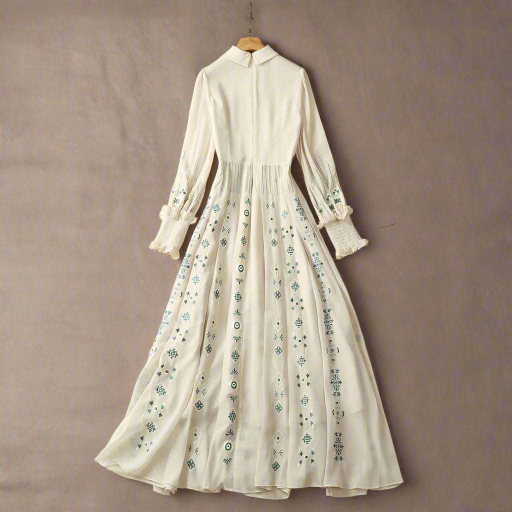 Women's Romantic Pleated Embroidery Long Sleeve Dress - ChoreGirl