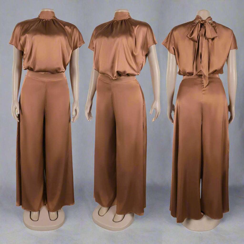 Women's Satin Silky Short Sleeve Top and Wide Leg Pants Two-piece Outfit Set - ChoreGirl