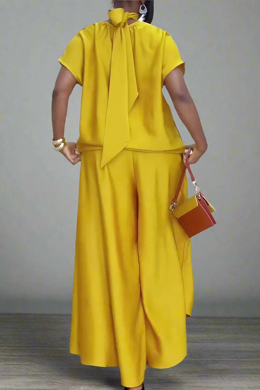 Women's Satin Silky Short Sleeve Top and Wide Leg Pants Two-piece Outfit Set - ChoreGirl