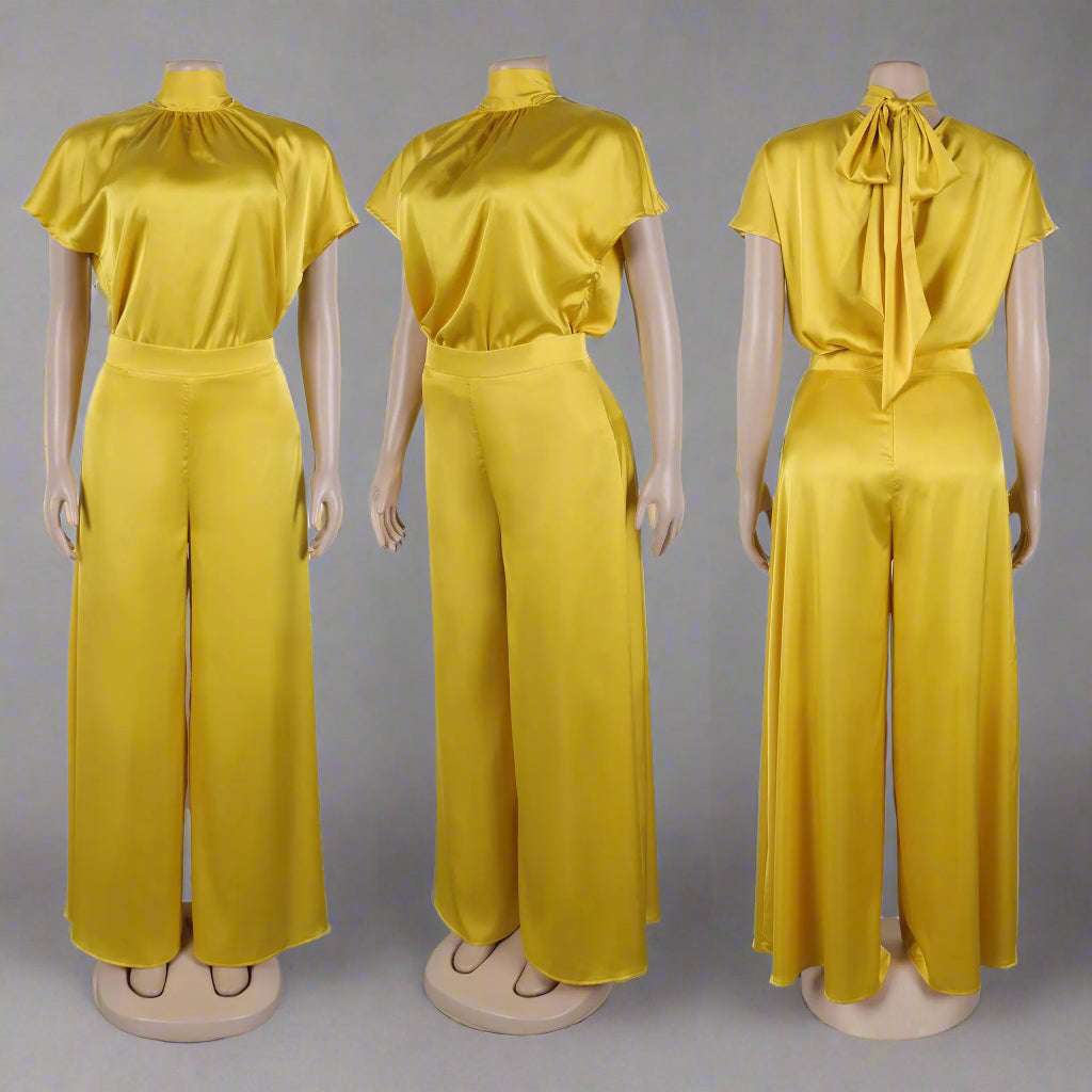 Women's Satin Silky Short Sleeve Top and Wide Leg Pants Two-piece Outfit Set - ChoreGirl