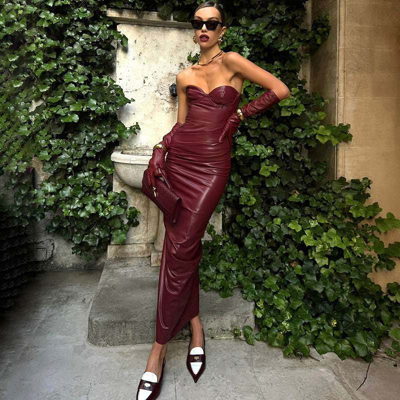 Women's Seductive Tight Leather Tube Maxi Dress - ChoreGirl