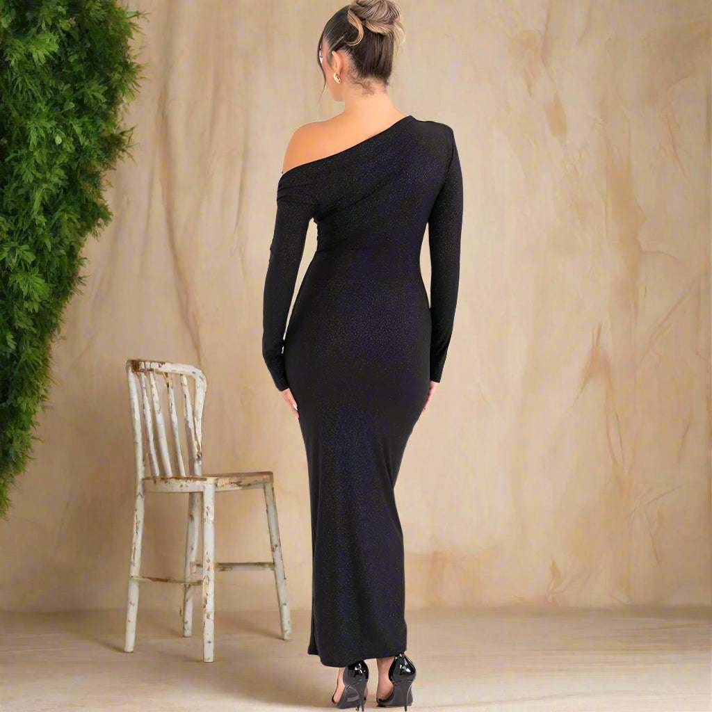 Women's Slim Fit Long Sleeve Oblique Shoulder Pleated Event Gown Dress - ChoreGirl