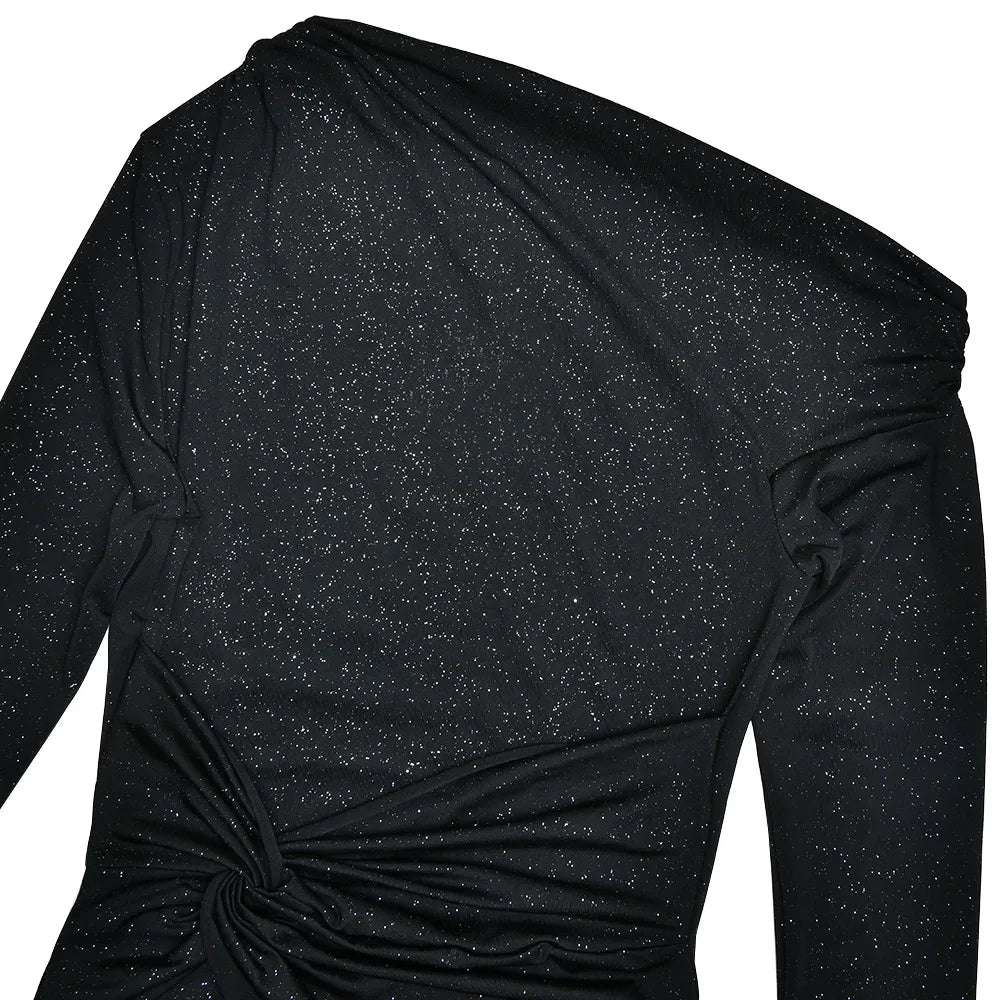 Women's Slim Fit Long Sleeve Oblique Shoulder Pleated Event Gown Dress - ChoreGirl