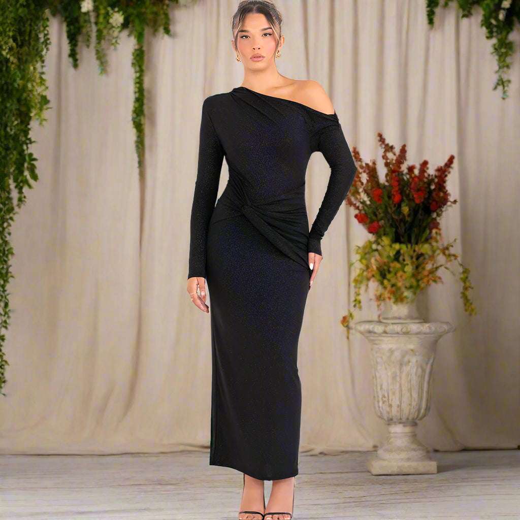 Women's Slim Fit Long Sleeve Oblique Shoulder Pleated Event Gown Dress - ChoreGirl