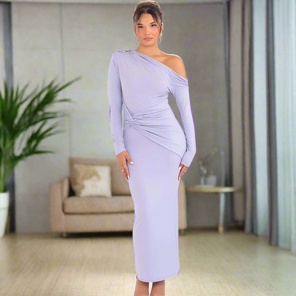 Women's Slim Fit Long Sleeve Oblique Shoulder Pleated Event Gown Dress - ChoreGirl