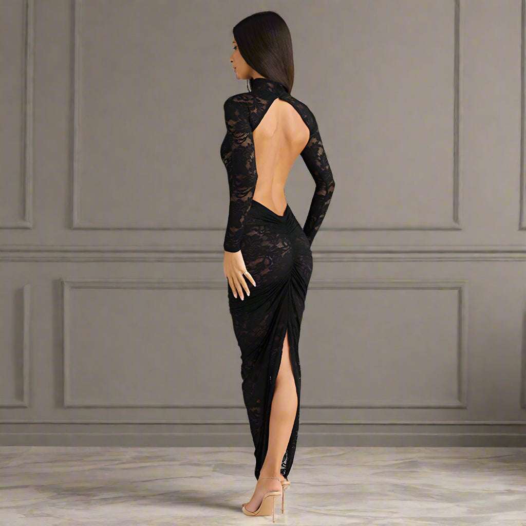 Women's Slim-fit See-through Two-piece Half Turtleneck Evening Gown with Bare Back - ChoreGirl