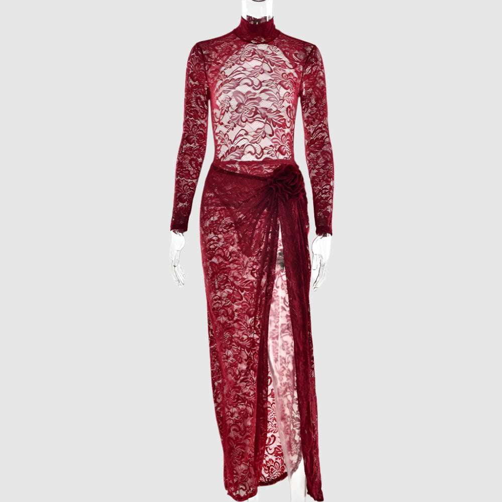 Women's Slim-fit See-through Two-piece Half Turtleneck Evening Gown with Bare Back - ChoreGirl
