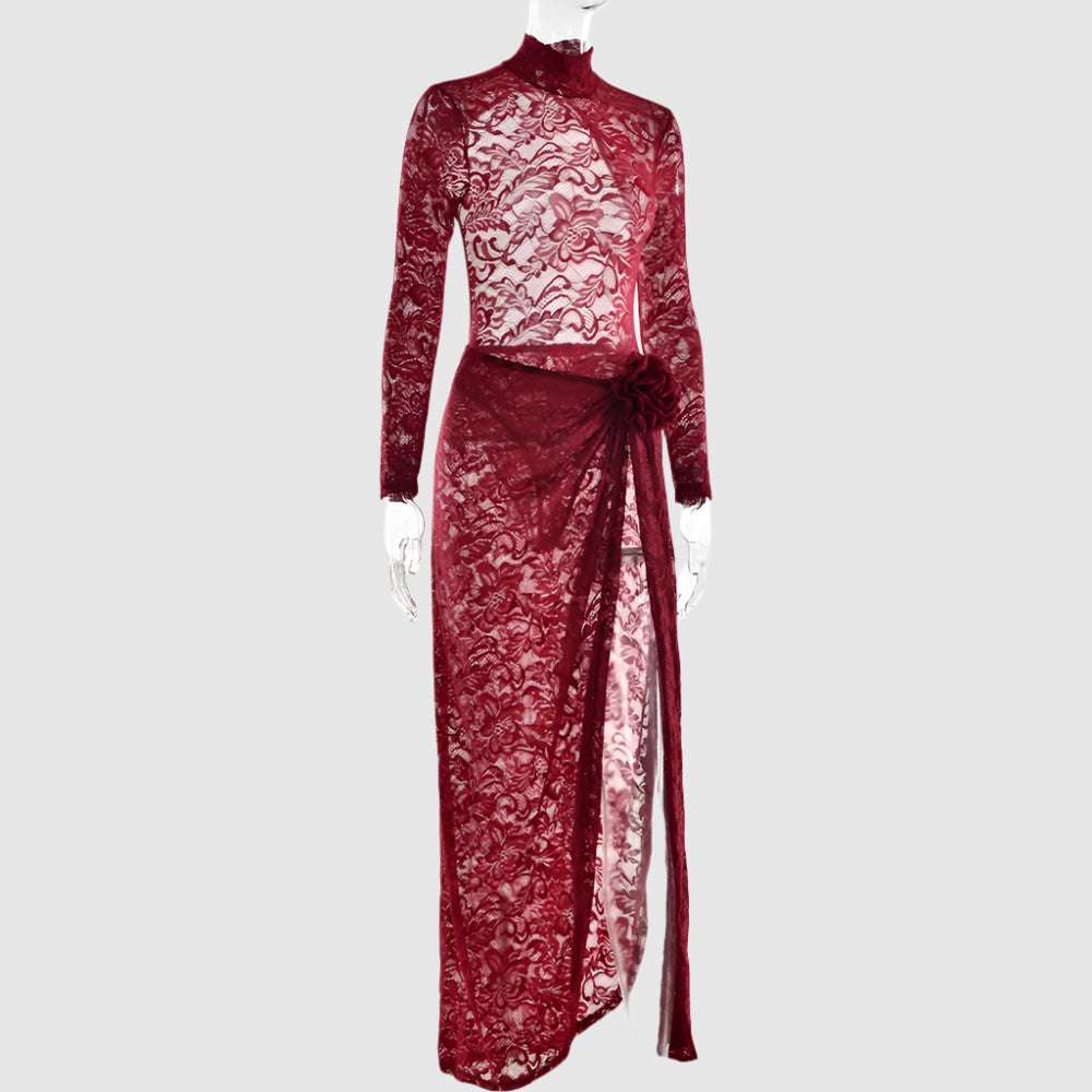 Women's Slim-fit See-through Two-piece Half Turtleneck Evening Gown with Bare Back - ChoreGirl